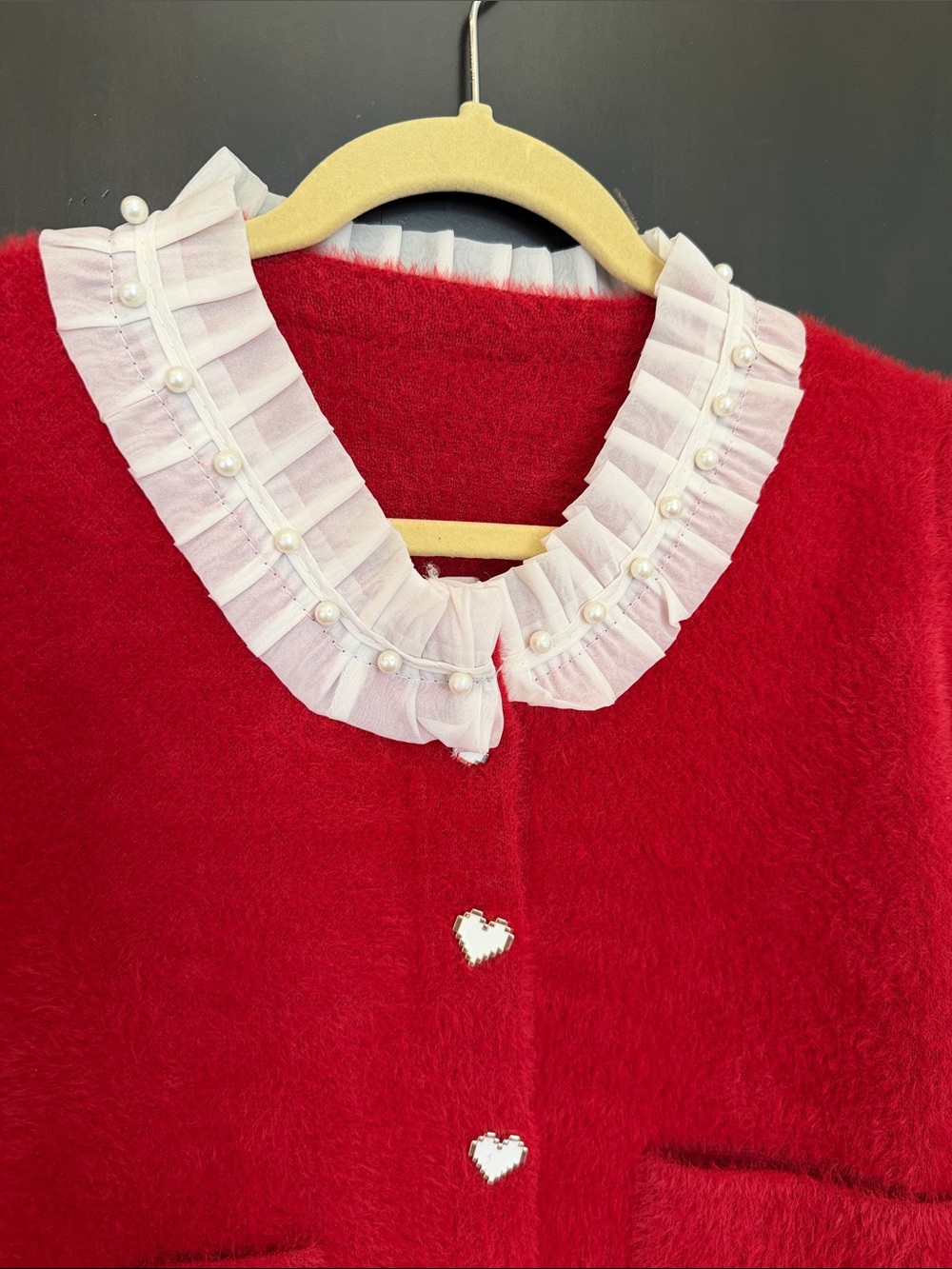 High End Red Ruffled Collar Heart-Button Sweater Size Small - Picture 3 of 5